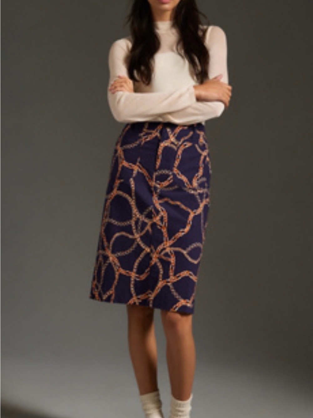 Anthropologie Navy Midi Skirt with Gold Chain Print